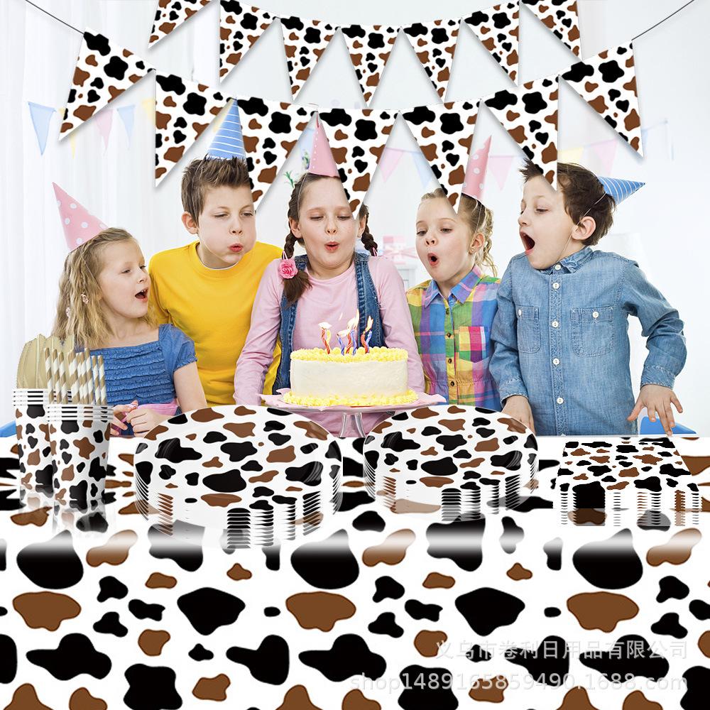 Children'S Farm Cow Theme Party Supplies Birthday Decoration Black Brown Cow Paper Plate Paper Cup Flag Tablecloth Arrangement