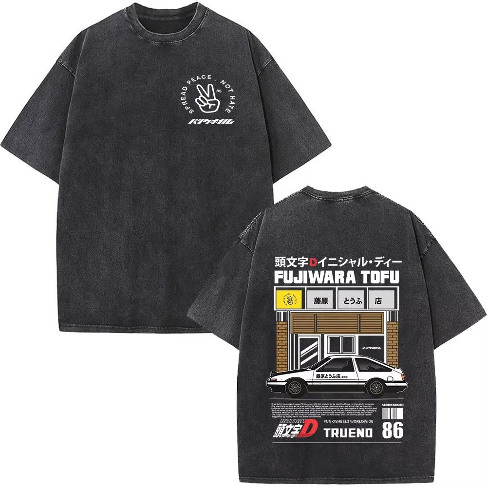 Initial D AE86 JDM Drift T-Shirt Vintage Washed Cotton Graphic Tee Men Unisex Oversized Crew Neck Short Sleeve Retro Streetwear Top Car Merch Gift