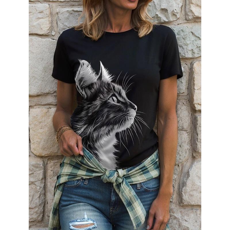 Women's T-Shirt Animal Cat Pattern Retro Fashion Classic Short-Sleeved Round Neck Women Summer Clothing
