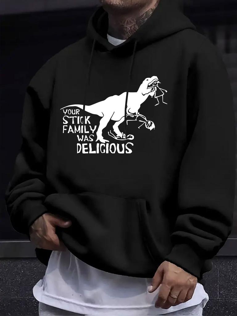 American Western Style unisex Autumn Winter Print Hooded Long Sleeve Sweatshirt, White Line Dinosaur Fun Family Slogan Print Hoodie, American Retro Fu