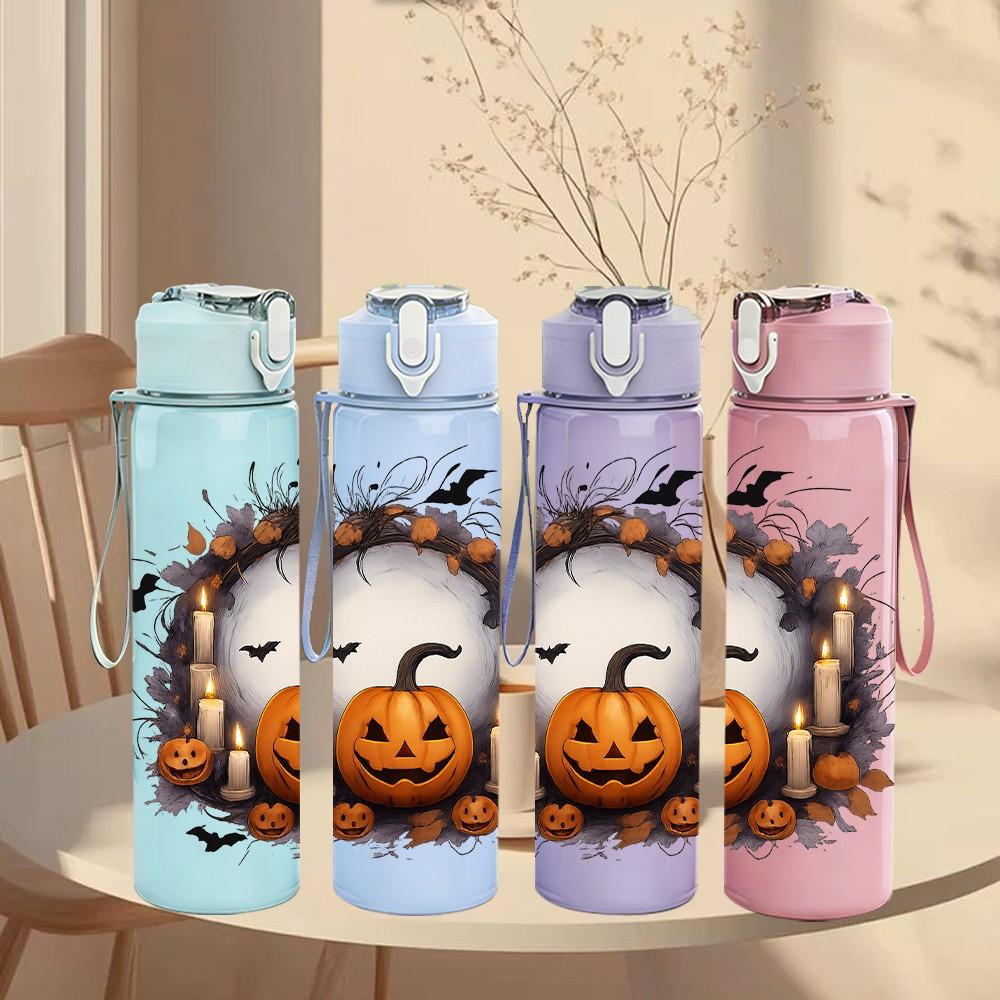 1PC Pumpkin Face Halloween Moon Print 750ml Color Plastic Sports Water Bottle Leakproof Flip Straw Lid Suitable for Sports Office Home Use
