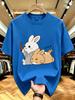 Unisex O Neck Tee Rabbit And Sleeping Cat Cartoon Art Print Cotton Short Sleeve Loose Summer Breathable Daily Casual Basic Wear Top