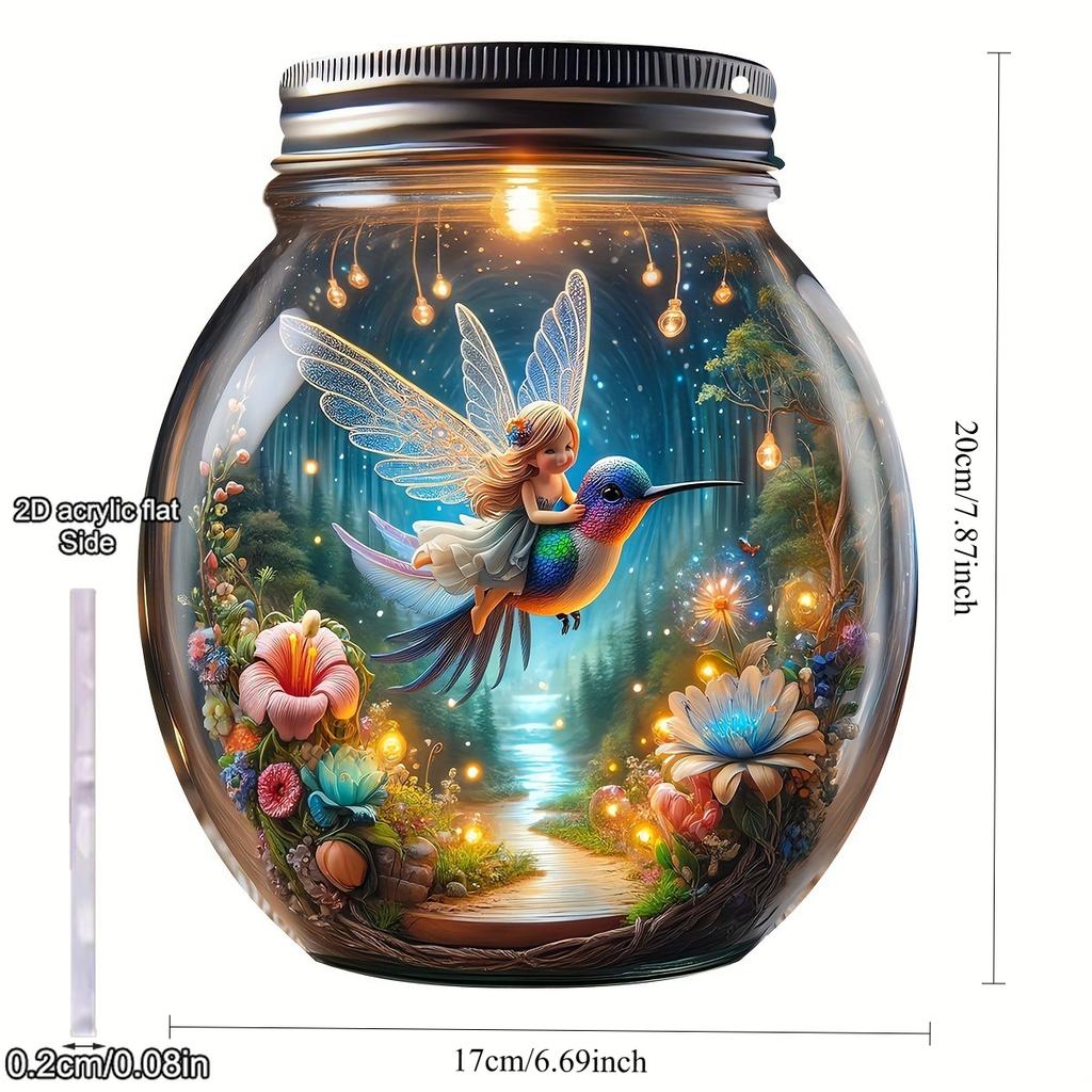 2D Flat Acrylic Mason Jar Hangings Decor, Plants Flowers, Fairy, Hummingbird, Mason Vase Painted Outdoor Decor Living Room Wall Window Pendant