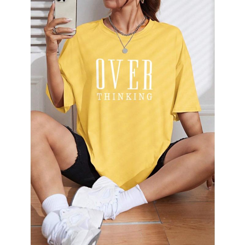 Plus Over Thinking Letter Print Women Cotton Short Sleeve Breathable O-Neck Tops All-math Casual T-Shirts Female Tee Clothing