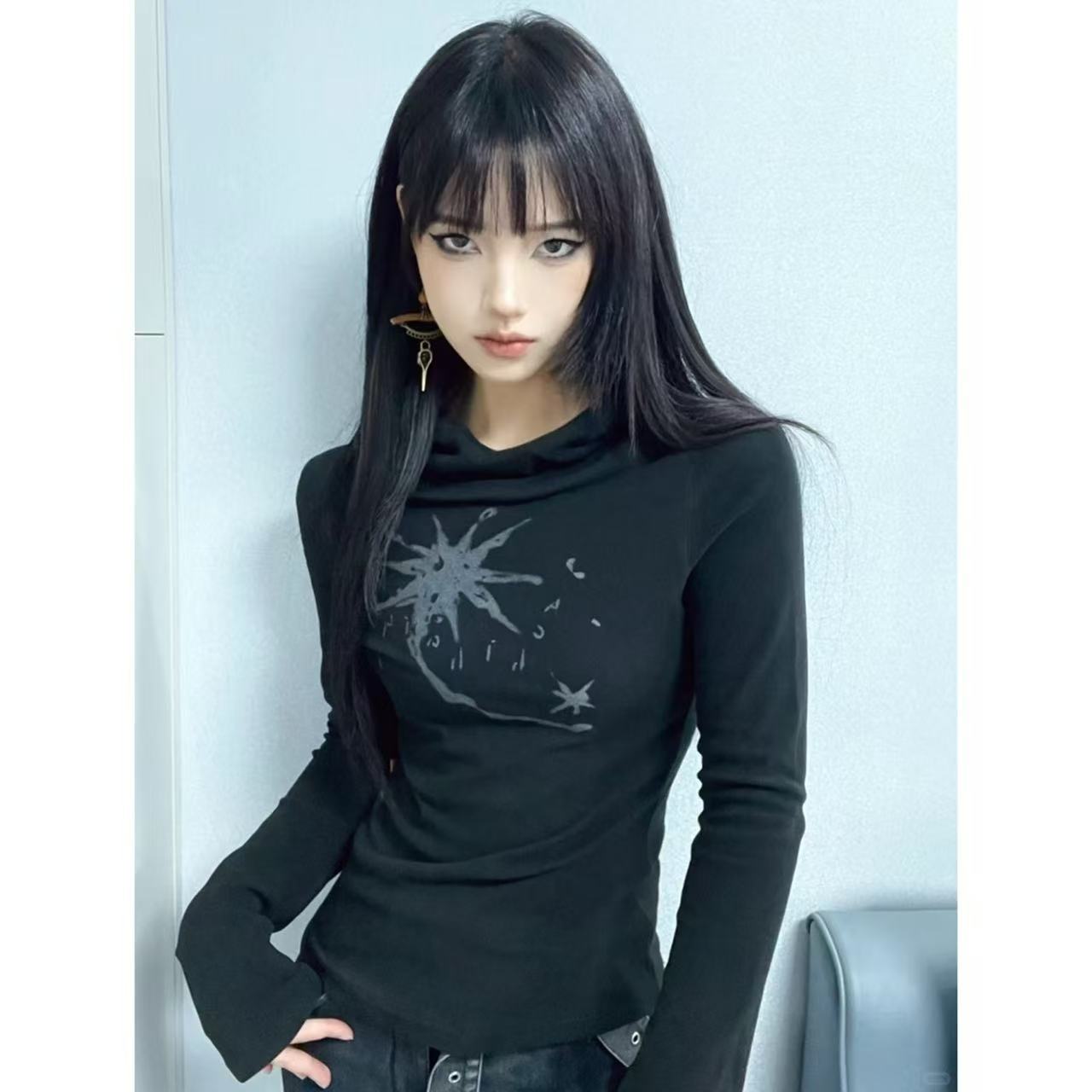 

American retro t-shirt women s autumn new design sense ribbed German velvet hooded slim fit XL чорний