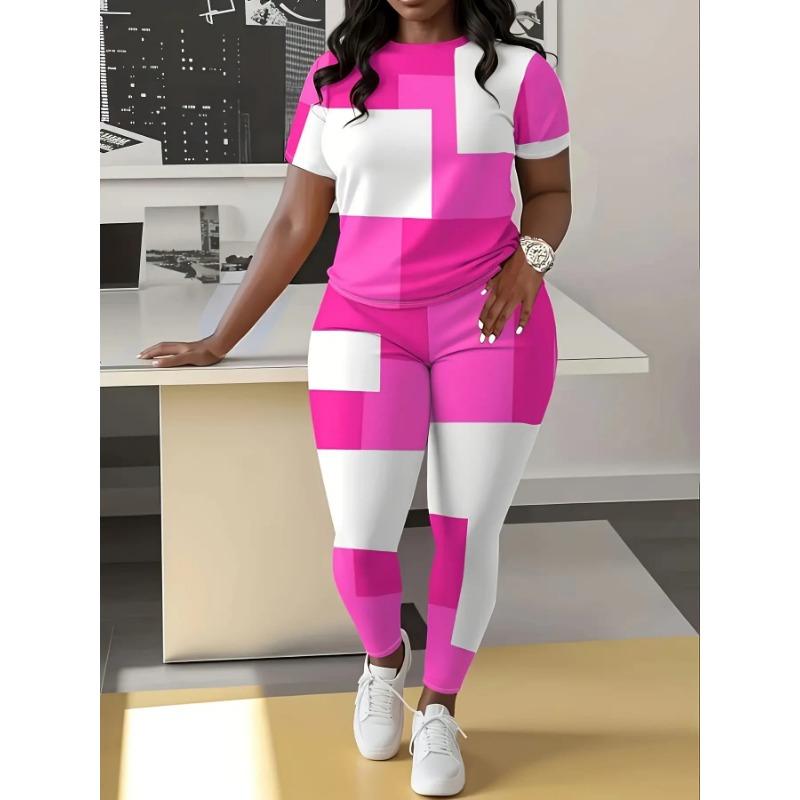 Women 2Pcs Yoga Set Short Sleeve Top High Waist Long Leggings Stretch Fitness Sportswear