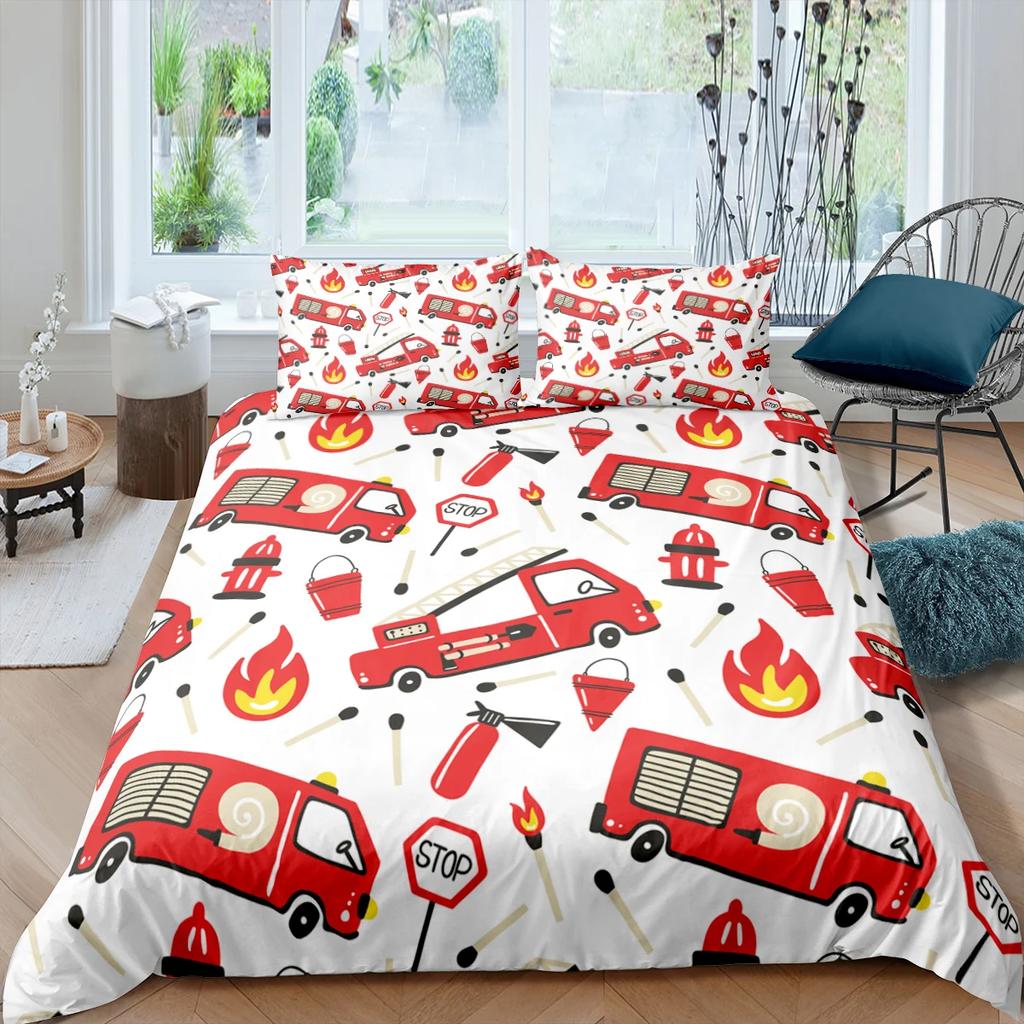 Fire Truck Fireman Duvet Cover King Queen Full Twin Size Cartoon Bedding Set for Boys Teens Polyester Quilt Cover