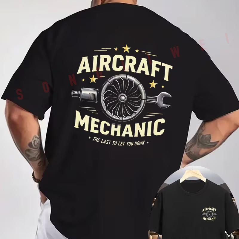 Airplane Engine Pattern Motorcycle T-Shirt Double-Sided Print Men's Short Sleeve Round Neck Ca