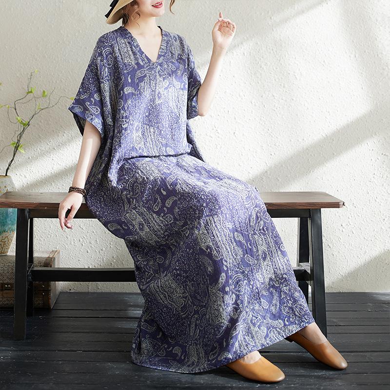 Summer Literary Plus Print V-neck Loose Vacation Style Short Sleeved Women's Dress