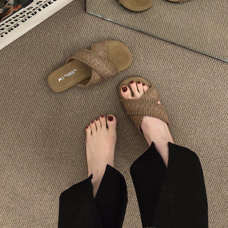 Ethnic Cool Slippers 2025 New Summer Vintage Woven Cross Bohemian Student Flat Bottom Flip