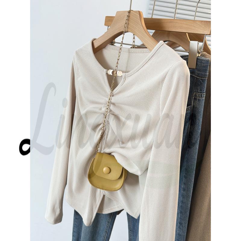 

Spring 2026 Plus Size Women s Slimming Pleated T-shirt Top 3XL абрикосовый