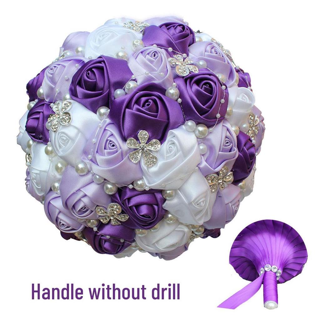 European & American Elegant Ribbon Flower Bridal Bouquet – Beaded Five-Flower Design
