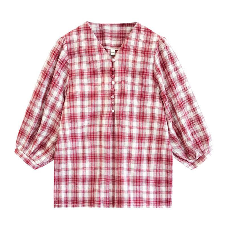 Women Loose-fitting Plaid Pattern Lantern Sleeves Three-quarter Sleeve Blouse