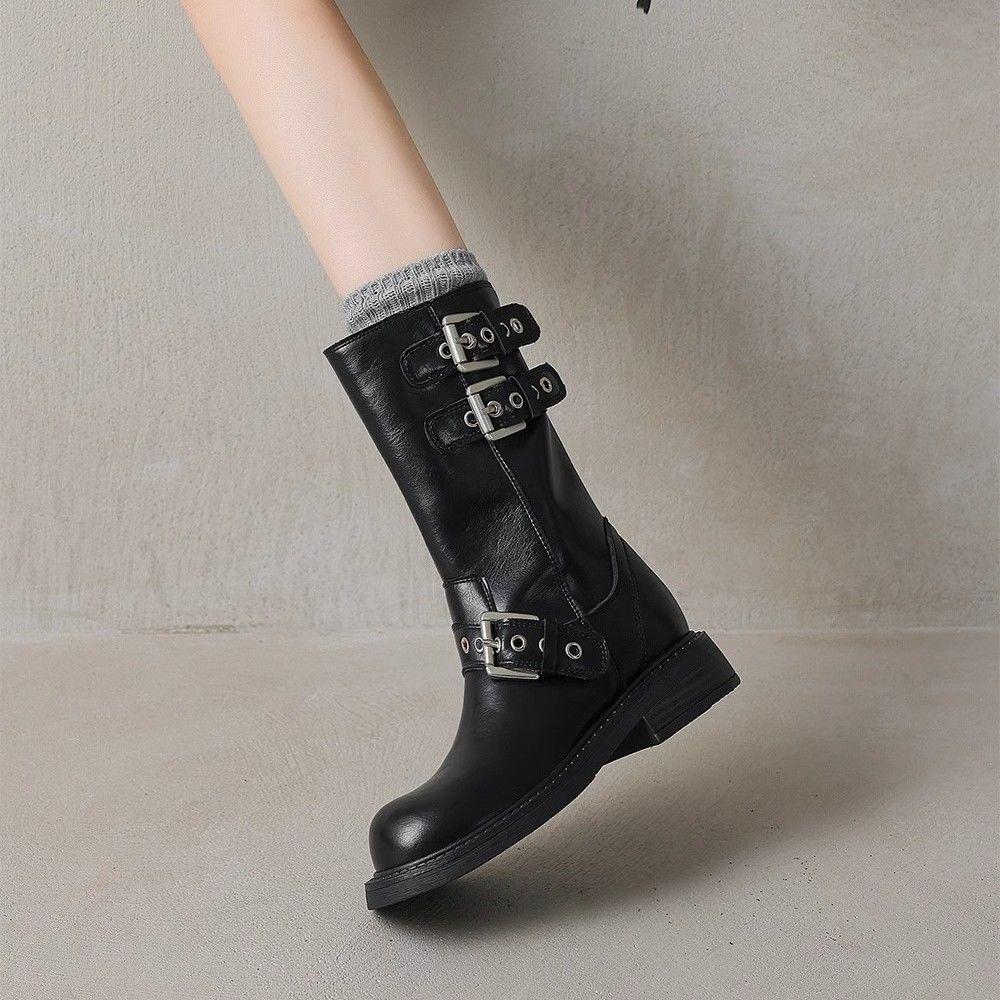 Women's Retro Martin Boots, Round Toe, Autumn/Winter, Metal Accent, Ankle-Length, Cowboy Style, Thick Sole.