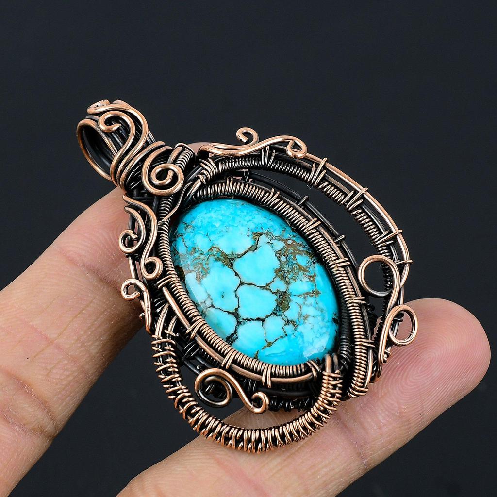Tibetan Turquoise Pendant, 999 Copper Wire Wrapped Gemstone Jewelry, Handmade Pendant, For Thanksgiving
