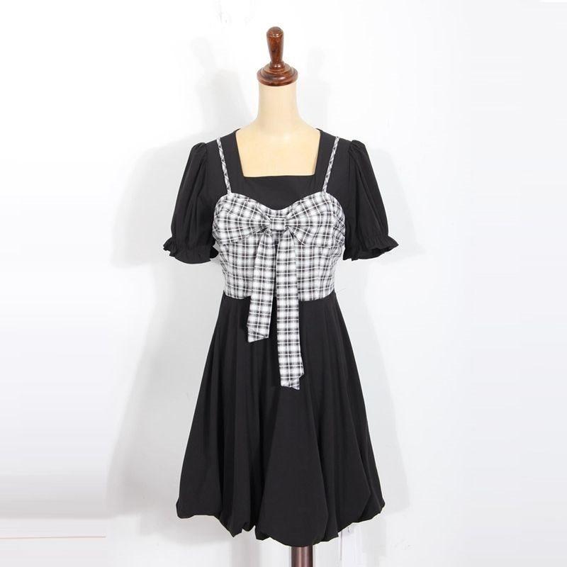 Summer French Style Twopiece Dress With Puff Sleeves And Bow For Petite Women