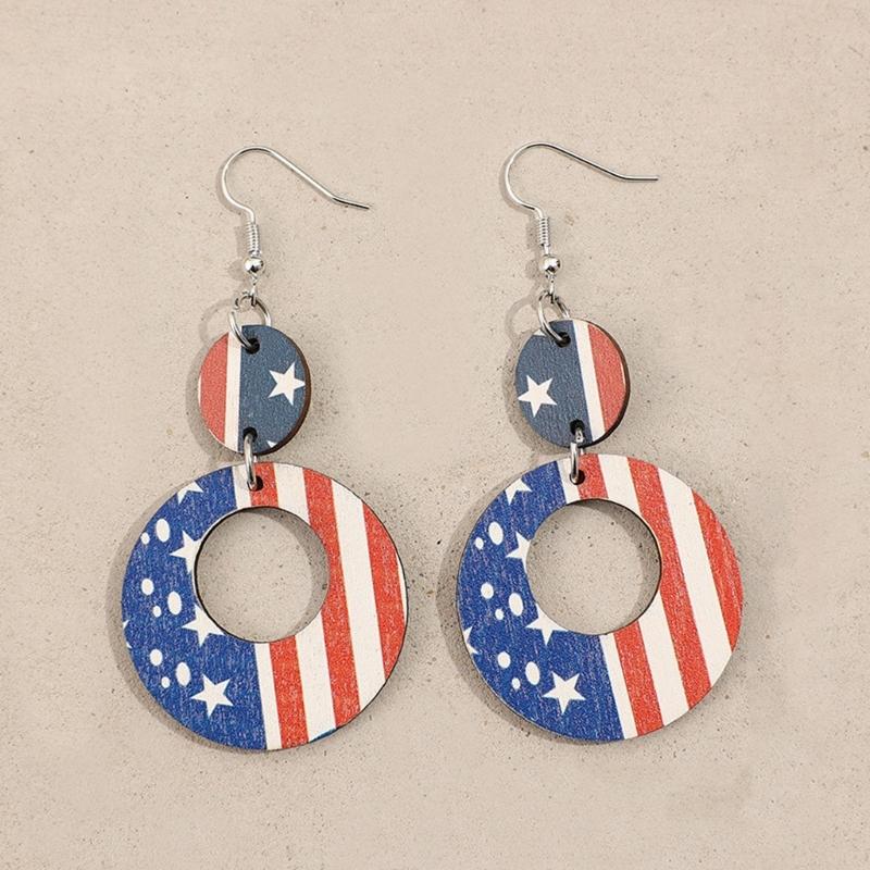 1 Pair Stylish Hoop Earrings Patriotic Statement Earrings Wood Texture Perfect for Patriotic Celebrations and Party