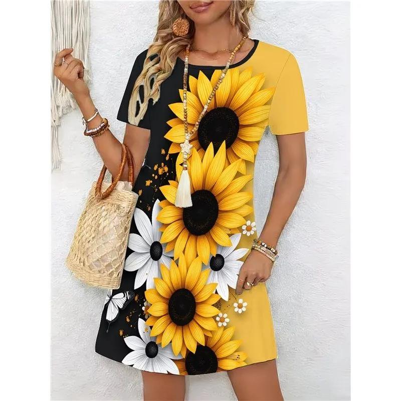 Fashion Women's Crew Neck Dress 3D Casual Color Printing Casual Short Sleeve Crew Neck Dress
