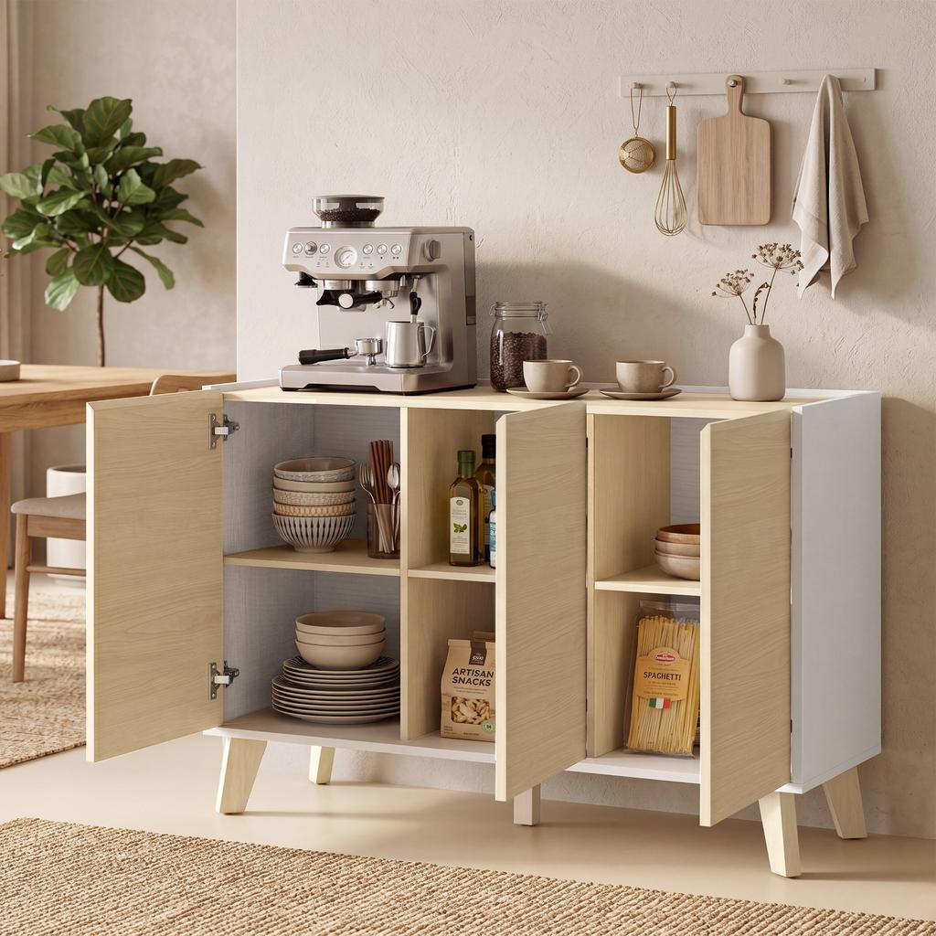 Kitchen Sideboard, 3 Soft-Close Doors, 6 Compartments, Natural Wood and White