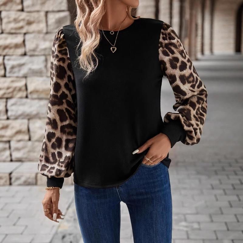Women Long Sleeve Round Neck Leopard Print Casual T Shirt