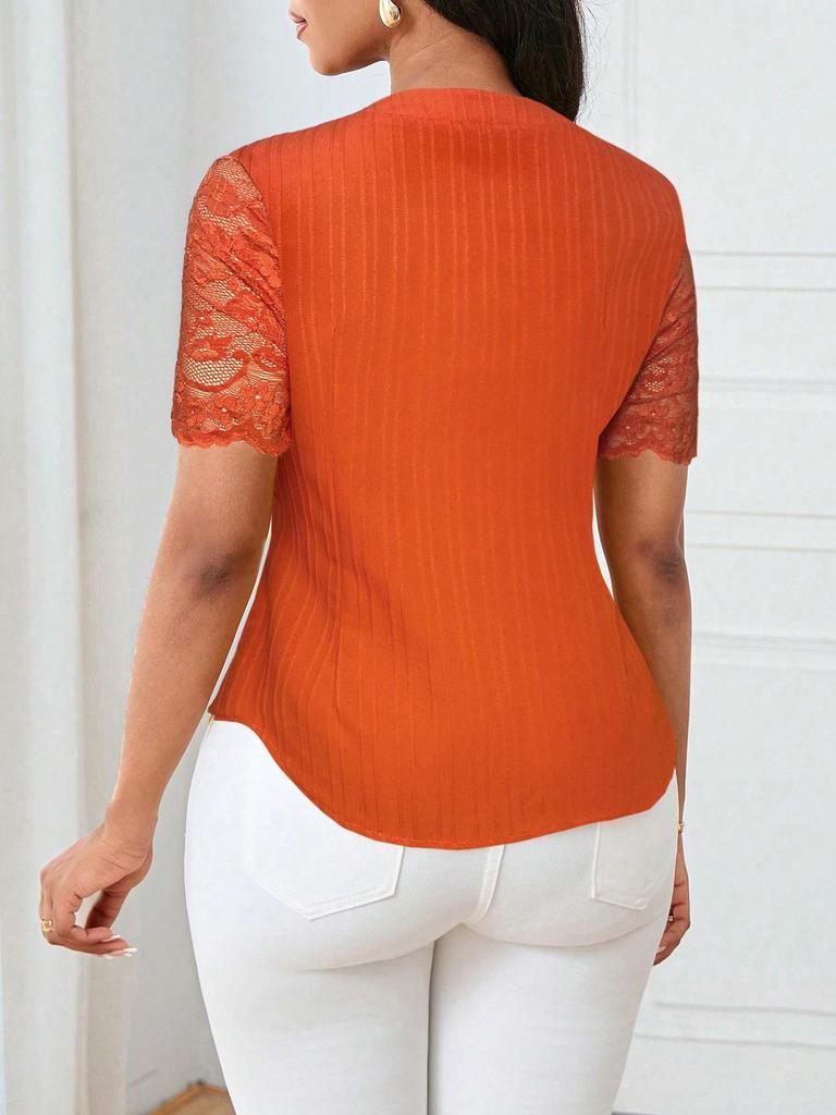 Women's Summer V-neck Embroidered Hollow Short-sleeve Shirt