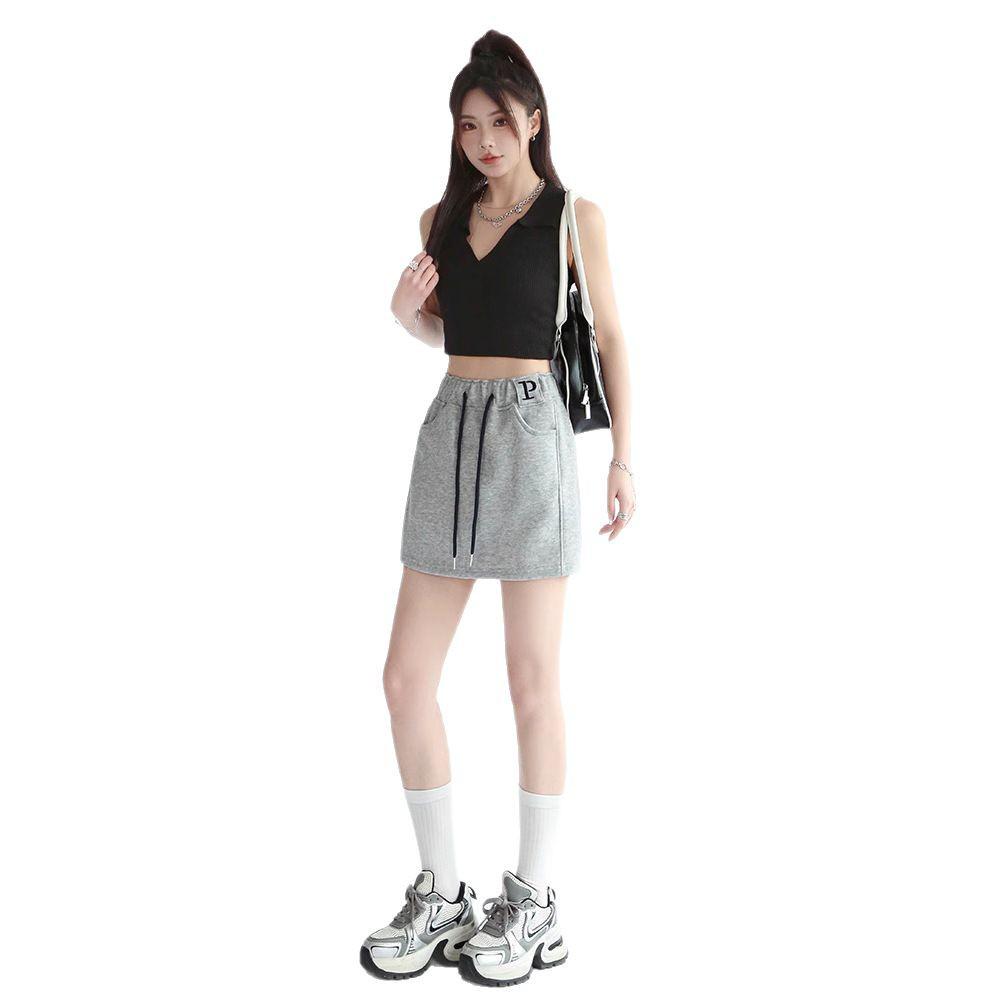 Women's Gray High-Waist A-Line Sports Skirt with Attached Shorts - Spring to Autumn Wear