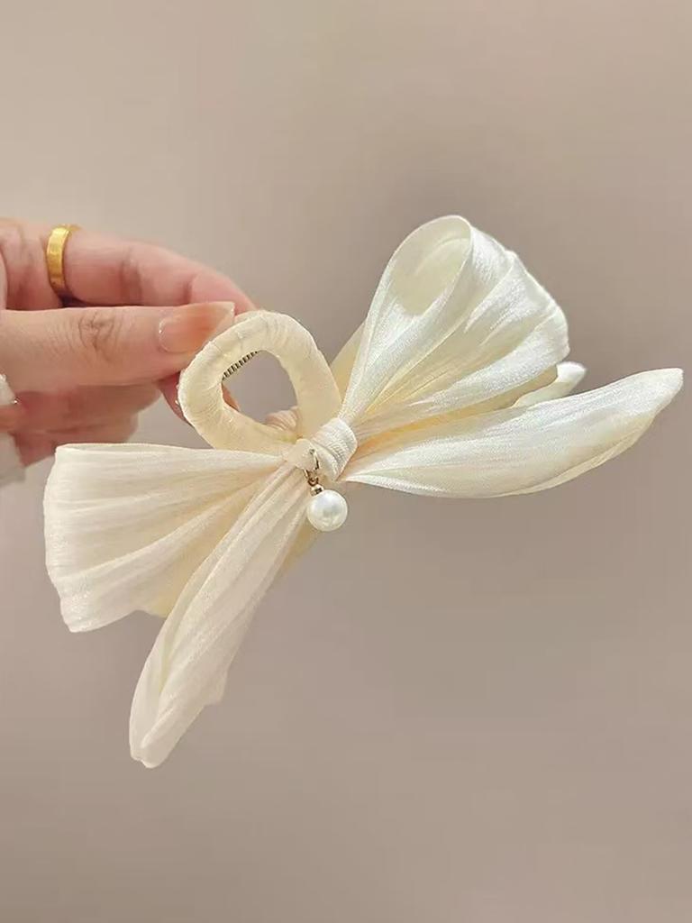 1pc elegant imitation pearl pleated bow large back of the head pan hair grip clip, suitable for daily leisure, travel and party