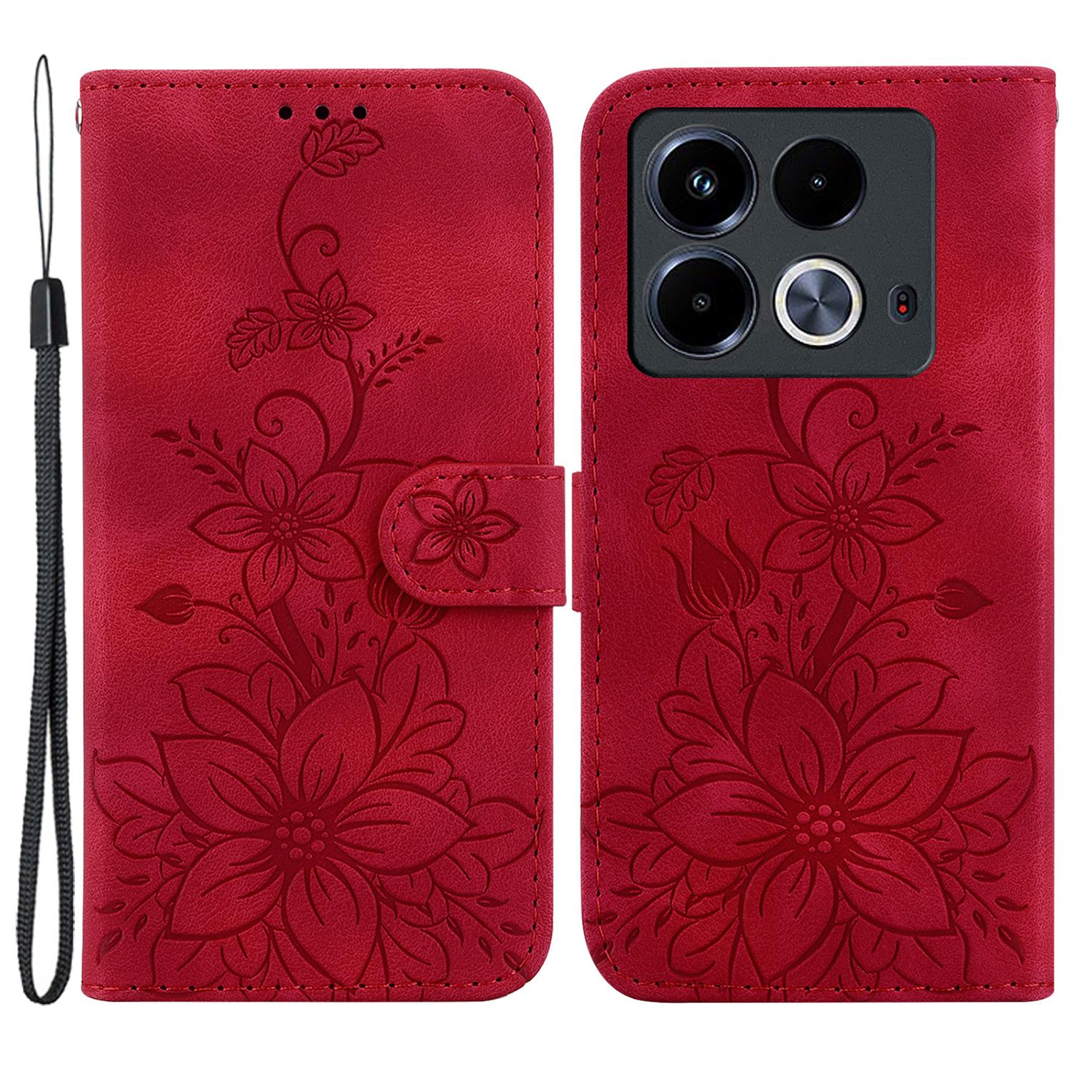 

For Infinix Note 40 Stand Case Lily Flower Imprint Anti-Drop Leather Phone Cover Red