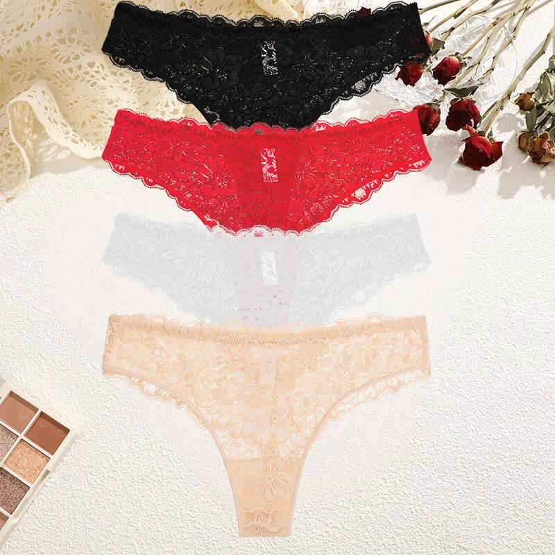 4Pcs/Set Perspective Lace Panties Hollow Out Low-waist Underwear Thongs Female Underpants Breathable Lingerie Intimates