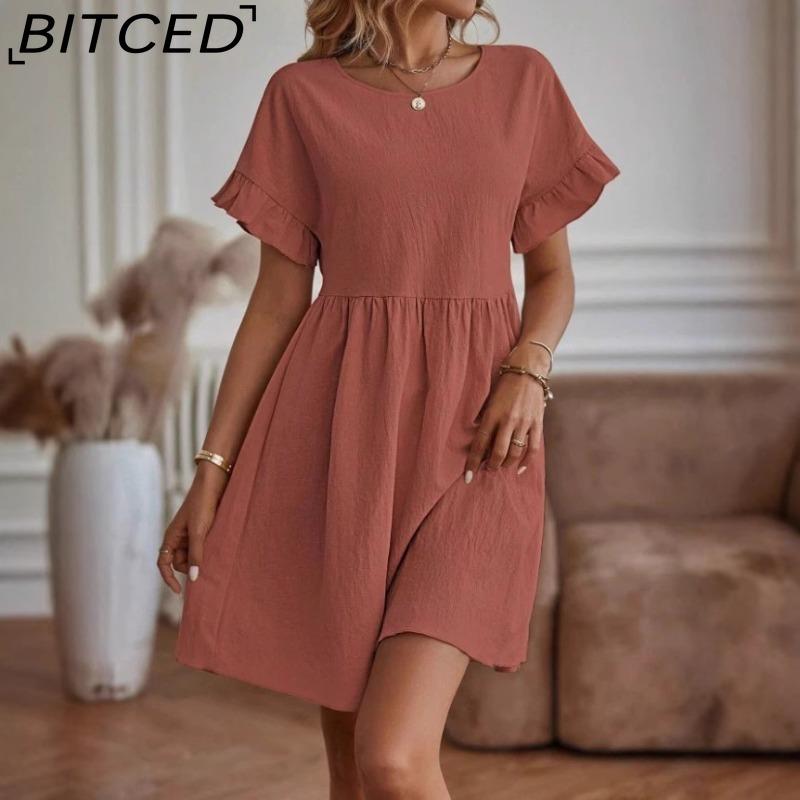 

BITCED Женская мода лето весна однотонный принт О-образный вырез высокая талия повседневные платья S кирпич красный