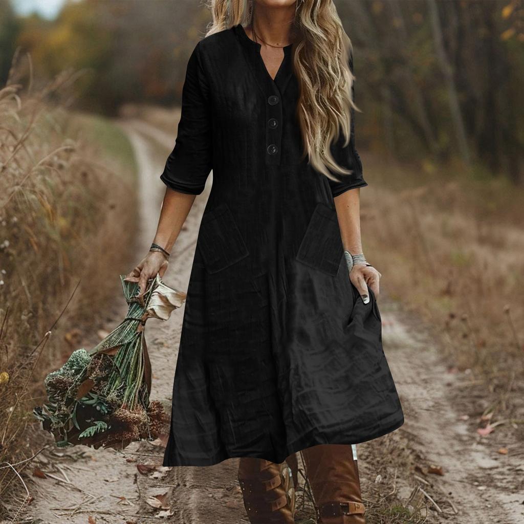Women's Fashionable Cotton And Linen Button Solid-color Half-sleeved Loose Pocket Dress