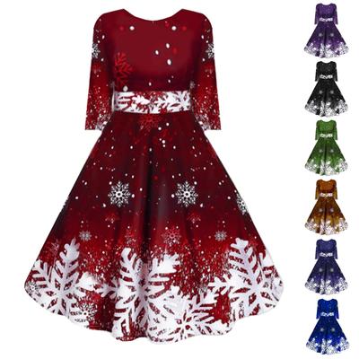 Ladies' Printed Fashionable And Personalized Snowflake Mid Sleeve Waist Dress