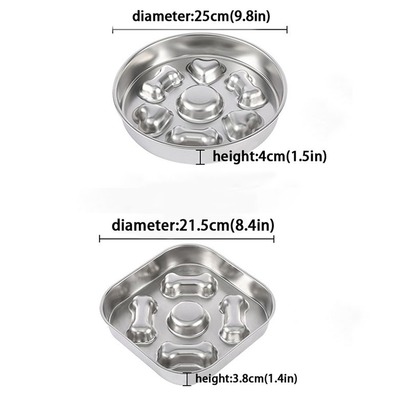 A74E-Stainless Steel Slow Feeder Bowl Anti-Slip Base-For Dogs And Cats Compatible Round