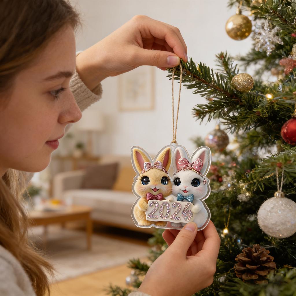 Adorable Acrylic Easter Ornament For Featuring A Pair Of Newborn Rabbits And A Shimmering Light Egg With A Beautiful Bow