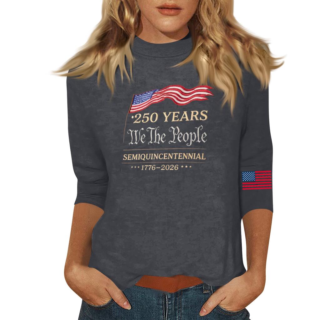 Damenmode Lässig Dreiviertelarm Bedrucktes Rundhals-Oberteil