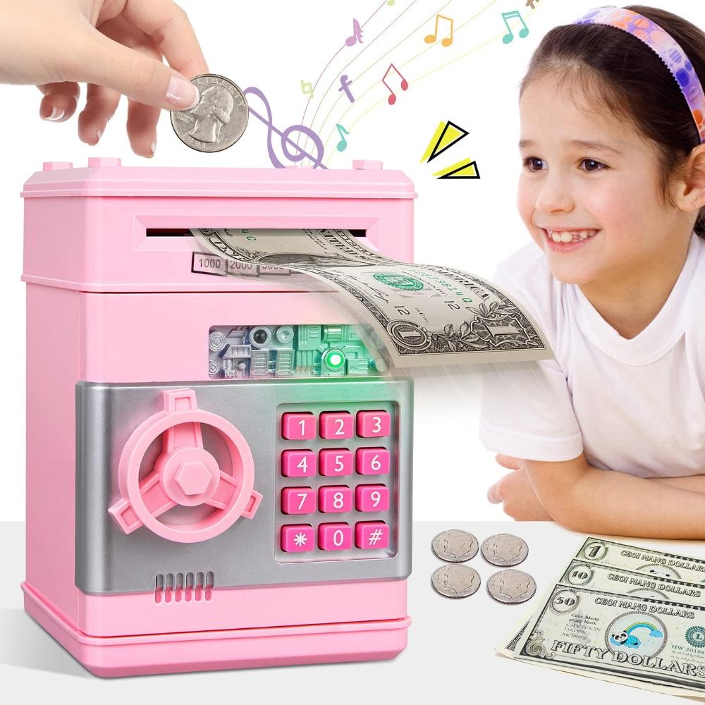 Safe Piggy Bank for Children with a Pin, Large Electronic ATM, Pink Coins