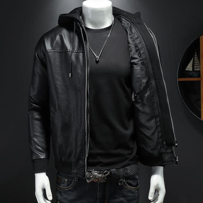 Herren Warme Winter Kapuzenlederjacke Herren Slim Fit Motorrad PU Jacke Herren Mantel Warm Verdicken Biker Lederjacken