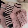 Girls' Thick Striped Mid-Calf Socks - Pink Sweet Korean Style Cotton for Autumn/Winter