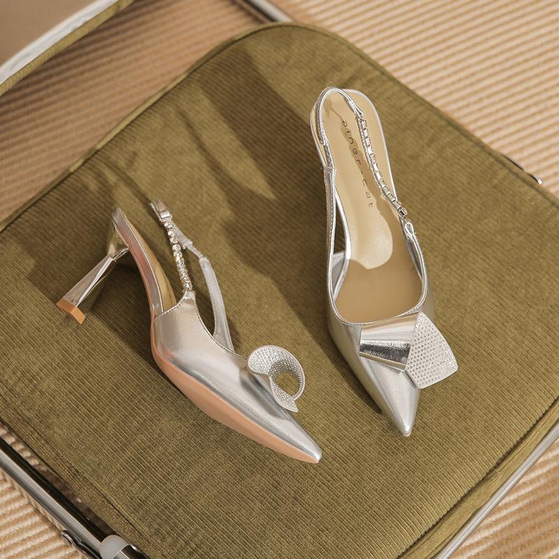 

7508-2 [sheepskin] high heels women s stiletto 2025 new fashion rhinestone word with bag head empty sandals 39