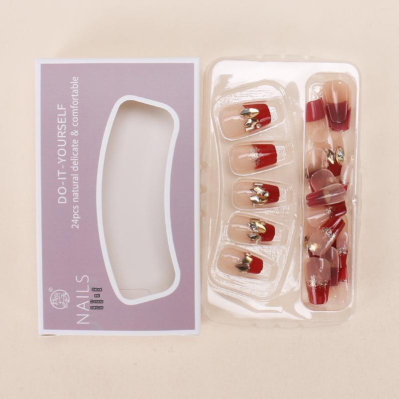 Burgundy Champagne Gel Manicure Wearable False Nails Set - Removable Finished Nail Art Patches and Tips