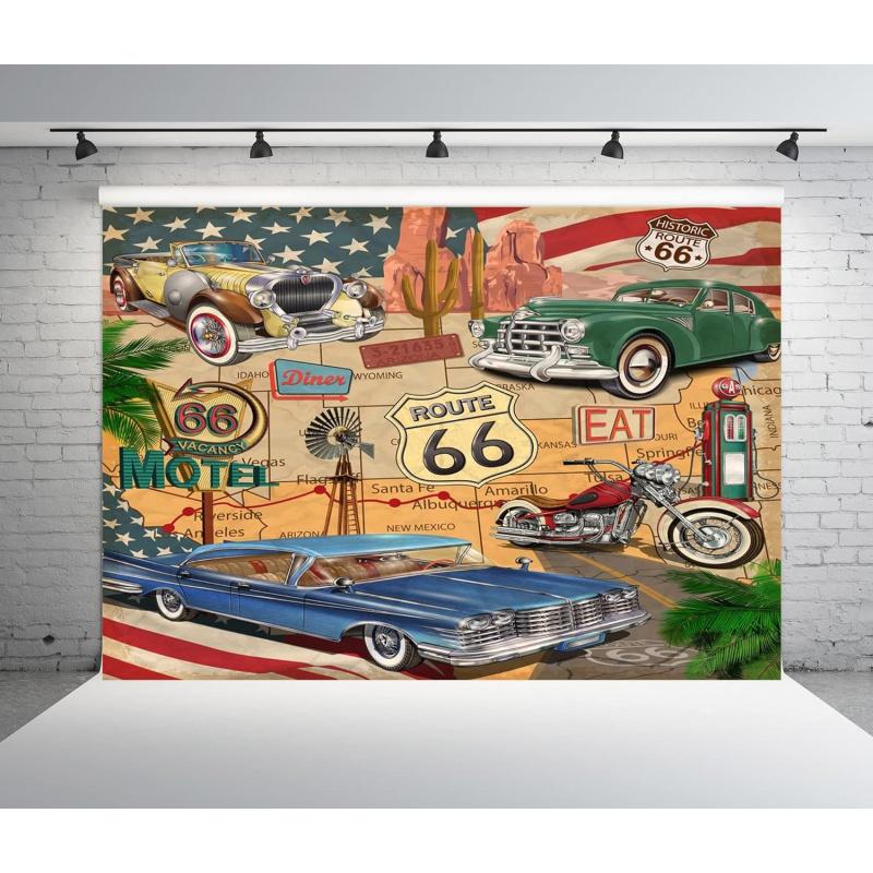 1 item, 2D flat, retro style, 66-themed photography background, comic book retro American history style 66 background, wsj 47.2x31.5inch/120*80cm