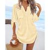 VEZFAA Women's Fashion Summer Spring Solid Color Print Short Sleeve V-Neck Loose Waistline Casual Dresses