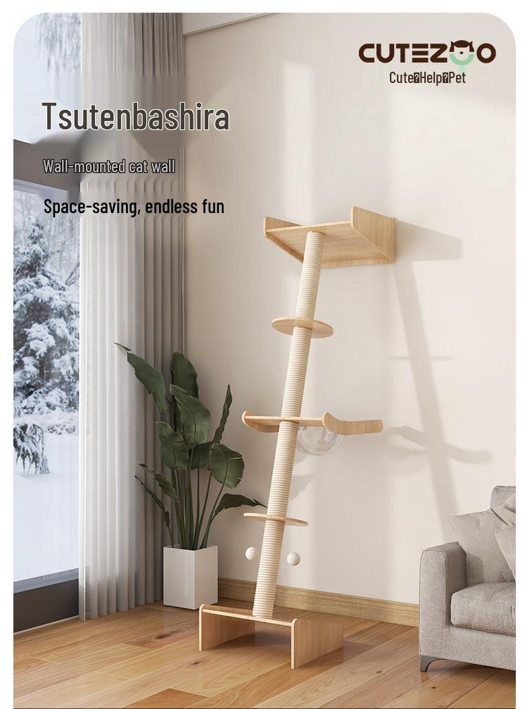 Wandmontierter Katzenbaum aus Massivholz: Kapselregal, Kratzbaum, Kletterplattform & Bett