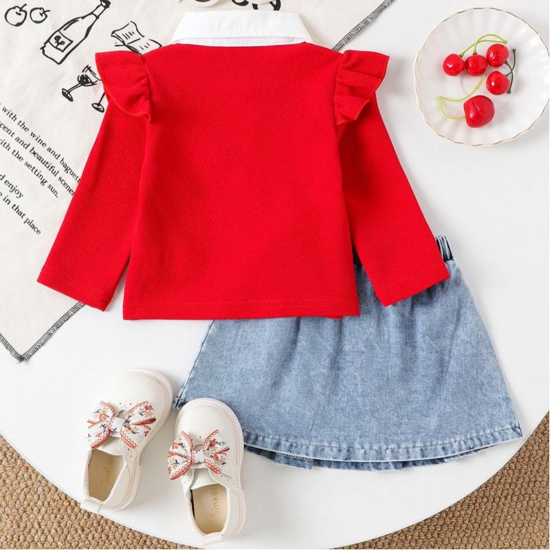 Spring and Autumn New Style Infant Toddler Girl Red Long Sleeve + Cherry Print Denim Skirt Set