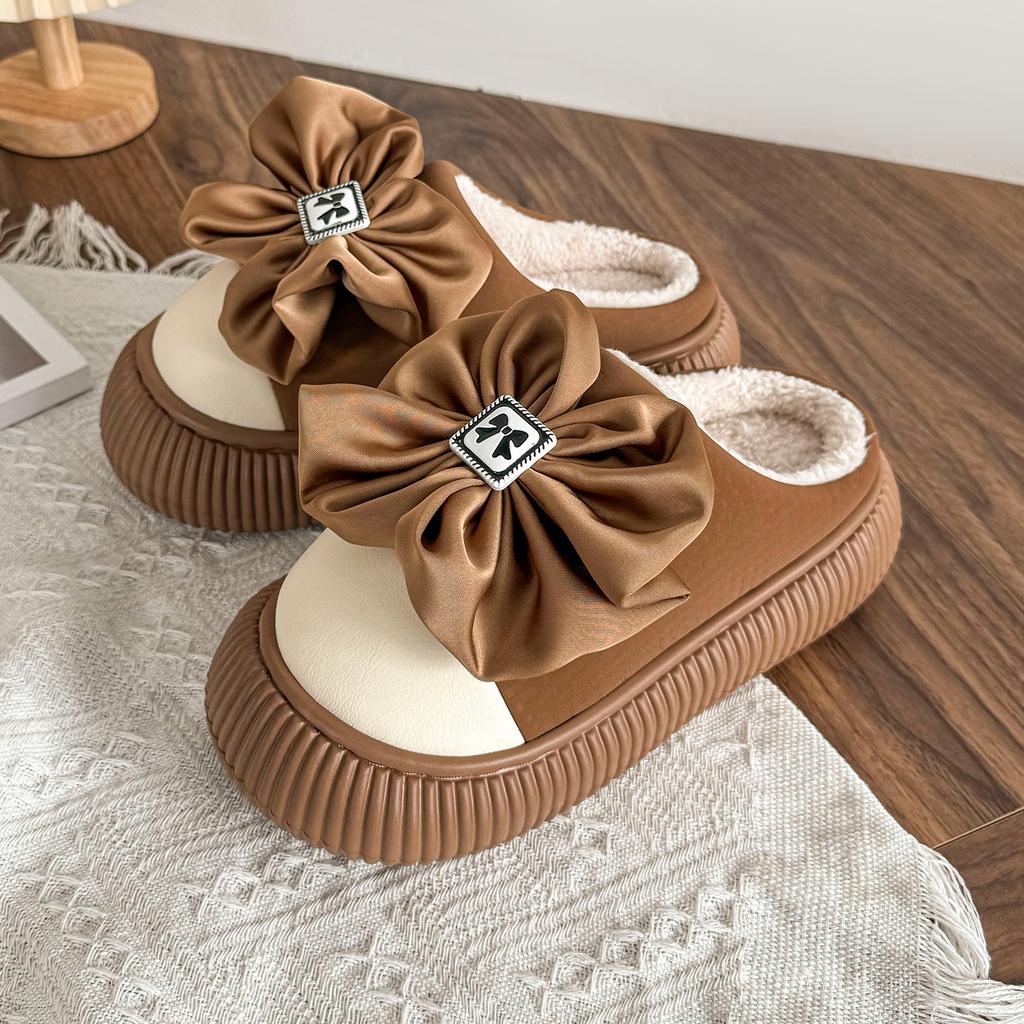 Bow Cotton Slippers Autumn and Winter Thick Bottom Non-slip Home Indoor Household Plush Warm Cotton Mop