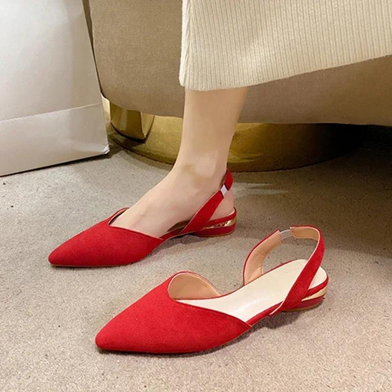 2025 Neue Sommer Damen Niedrige Absätze Sandalen Mode Wildleder Spitzschuh Flache Damenschuhe für Damen Lässige Slipper Zapatos De Mujer