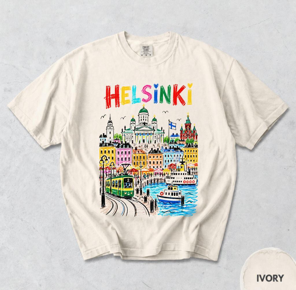 Helsinki Finland T-Shirt, Colorful Nordic City Graphic, Cathedral Harbor Travel Tee, Comfort Colors® Finnish Souvenir