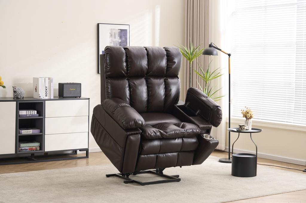 Two-Motor Electrically Adjustable TV Armchair, Relax Chair with Stand-Up Assist, Reclining Function, Multifunctional Single Sofa (Large Brown)