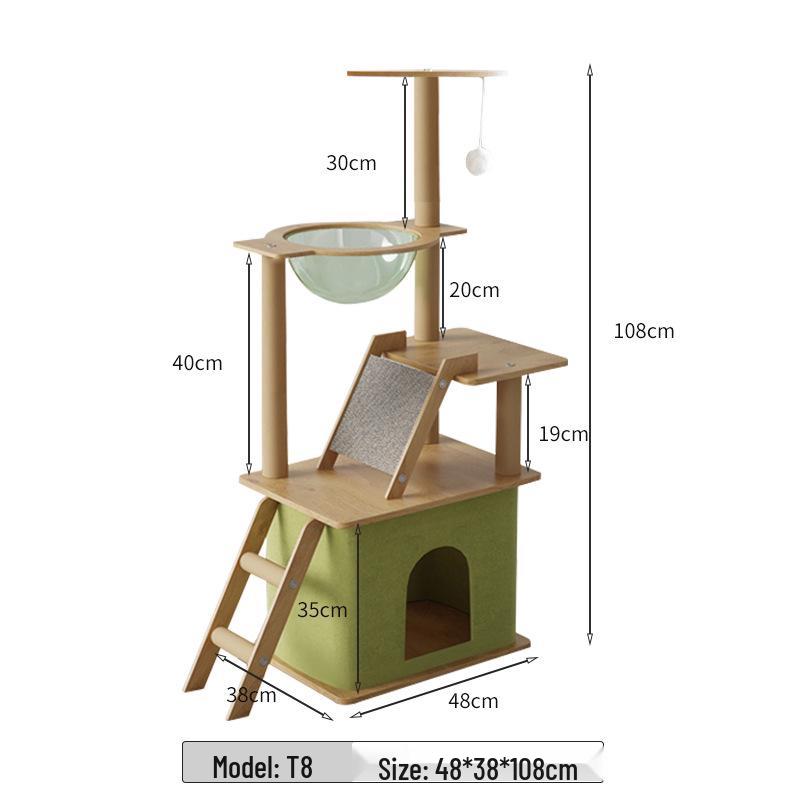 Large Wooden Cat Tree & Scratching Post with Space-Saving Design - Integrated Climbing Frame & House