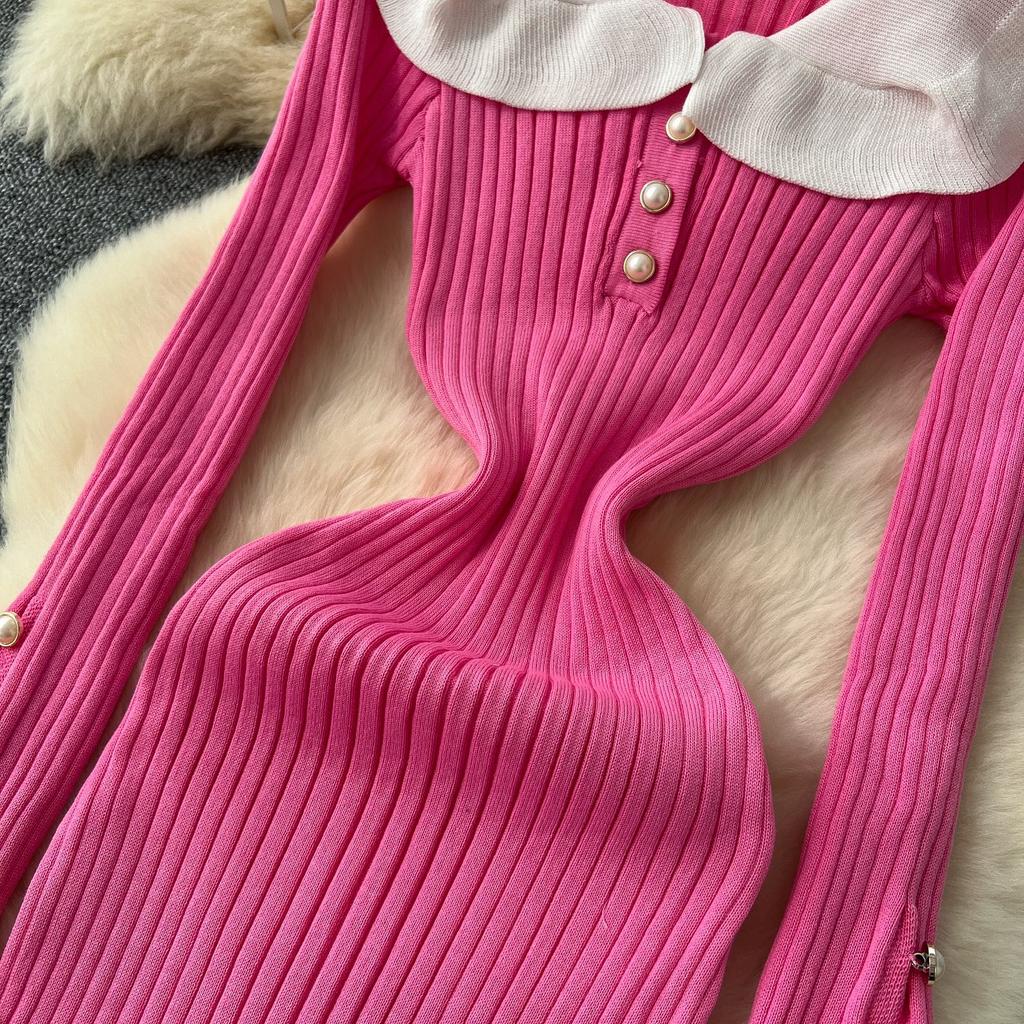 Knitted Dress Women's Autumn and Winter French Retro Color Collision Doll Collar Single-breasted Waist Slim Fishtail Long Dress